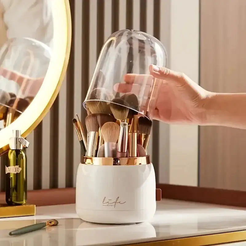 "360° Rotating Dome Makeup Brush Holder – Dustproof Luxury Organizer for Makeup Brushes & Beauty Essentials"