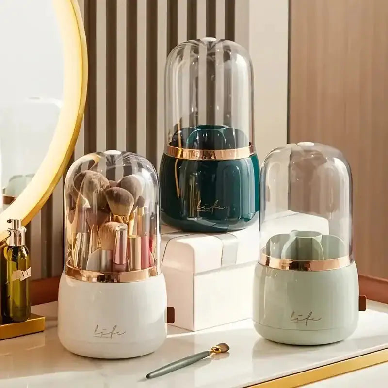 "360° Rotating Dome Makeup Brush Holder – Dustproof Luxury Organizer for Makeup Brushes & Beauty Essentials"