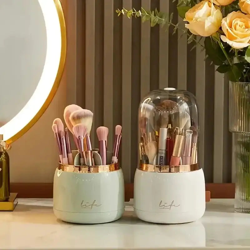 "360° Rotating Dome Makeup Brush Holder – Dustproof Luxury Organizer for Makeup Brushes & Beauty Essentials"